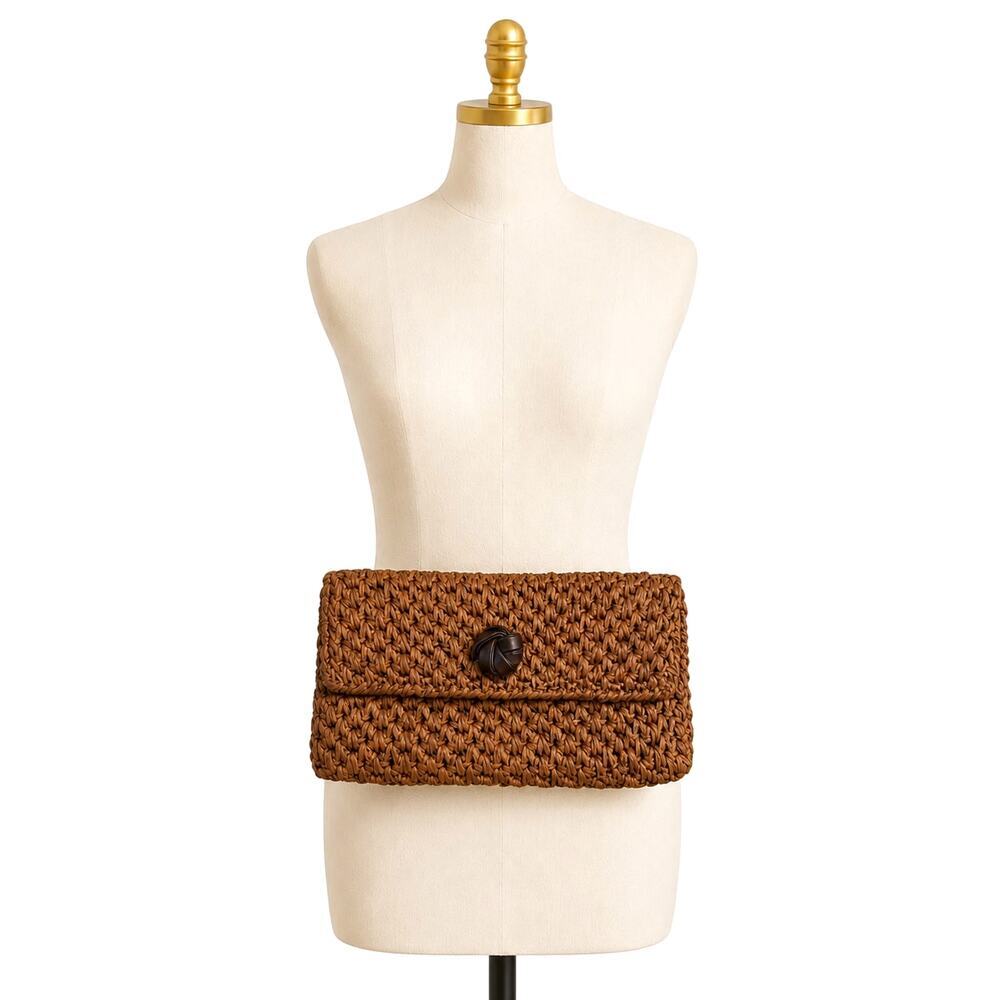 Vintage Koret Woven Straw Clutch Leather Lined Boho 70s
